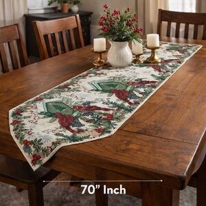 Christmas Cardinal Table Runner Vintage‎ Birdhouse Holly Red Birds Festive Decor